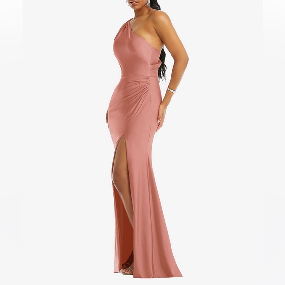 CYNTHIA & SAHAR CS104 ONE-SHOULDER COWL BACK SATIN MERMAID DRESS DESERT ROSE - Picture 3 of 10